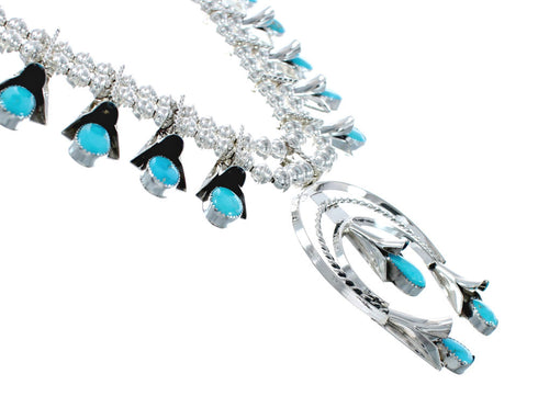 Navajo Turquoise Sterling Silver Squash Blossom Necklace Set JX130941